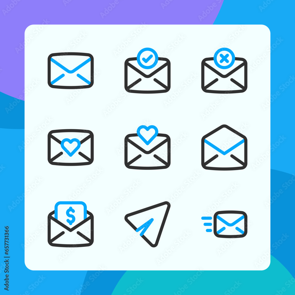 Email icons vector dual tone style, for ui ux design, website icons, interface and business. Including love mail, message, send message, error message, letter, etc. Email icons vector dual tone style, for ui ux design, website icons, interface and business. Including love mail, message, send message, error message, letter, etc.