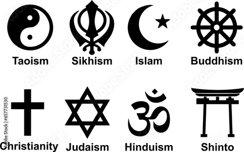 Religion icons set. set of religion black icons: buddhism, christianity, judaism, hinduism, islam.  photo