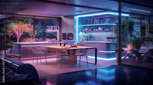 futuristic kitchen with friendly theme, garden pots and eco-friendly technology generative ai