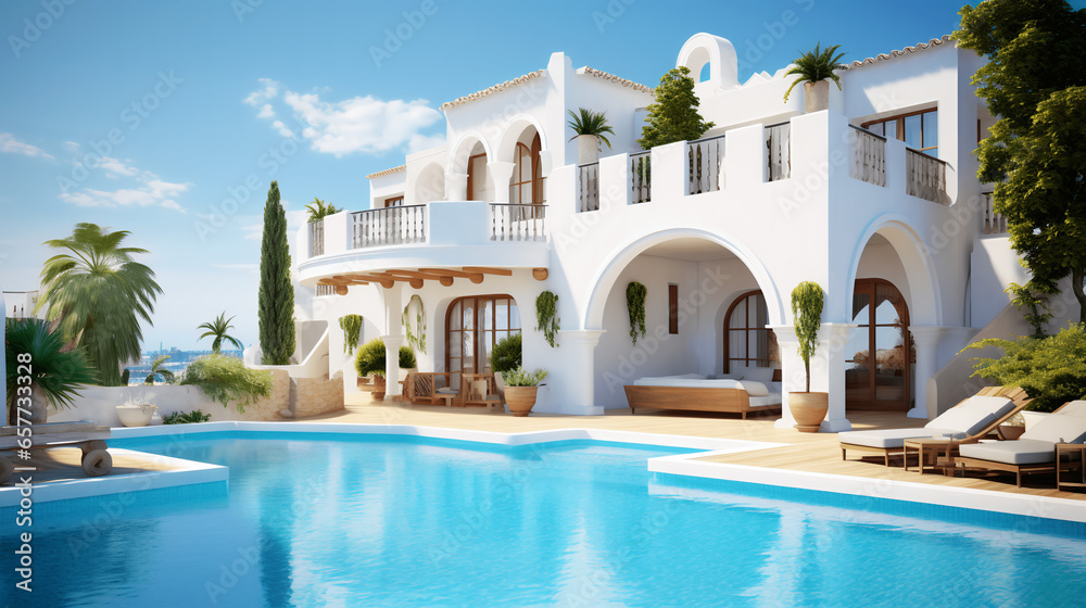 Mediterranean Dream Home - Traditional House with White Stucco Wall & Swimming Pool, generative Ai