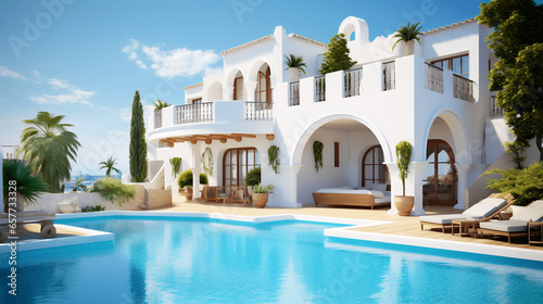 Mediterranean Dream Home - Traditional House with White Stucco Wall & Swimming Pool, generative Ai