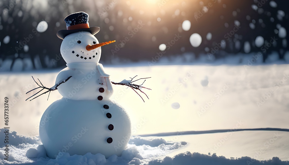 Obraz premium Snowman in field of Snow with Falling Snow