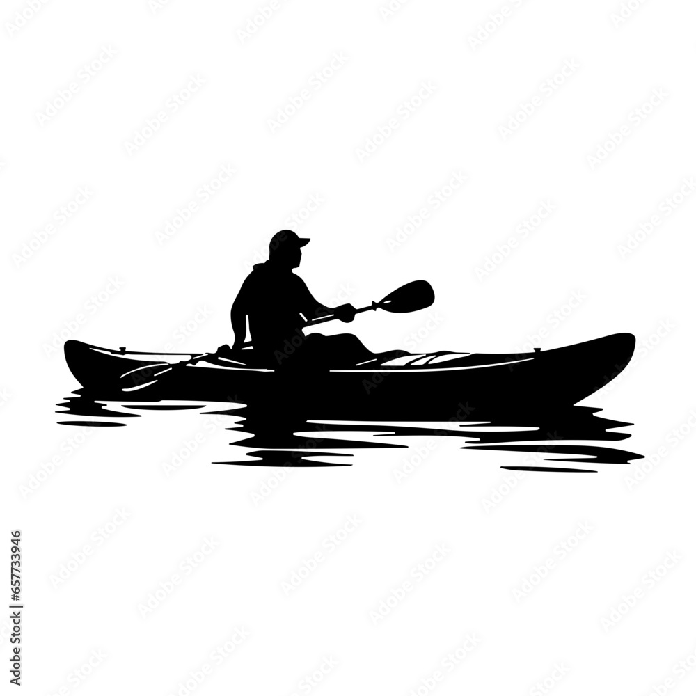 kayak on the lake silhouette - obrazy, fototapety, plakaty 