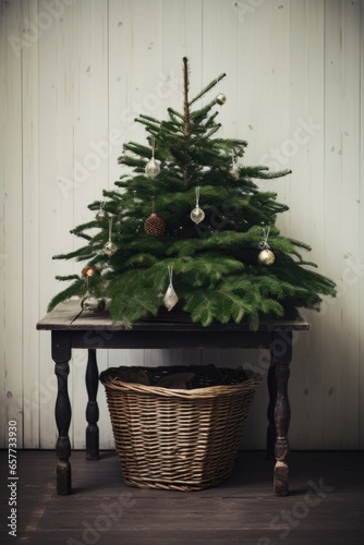 A festive Christmas tree decorating a wooden table