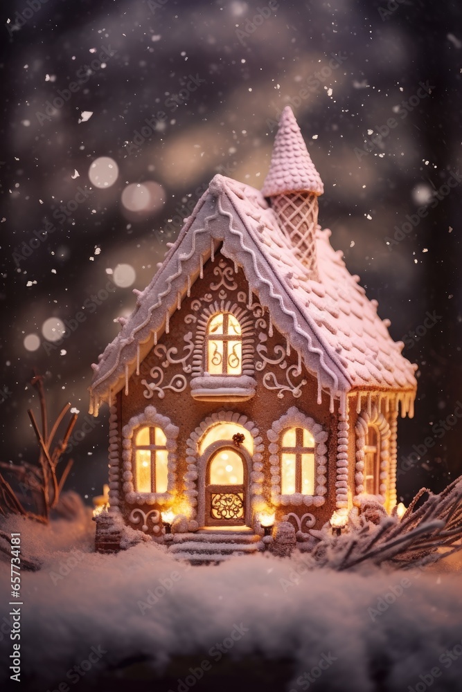 A beautifully decorated gingerbread house in a snowy winter wonderland