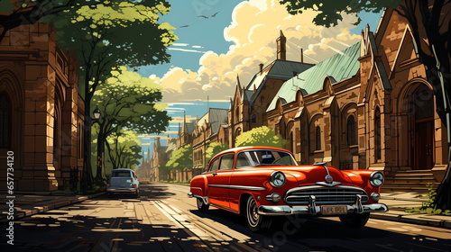 Wallpaper Mural Retro car parked in old European city street Torontodigital.ca