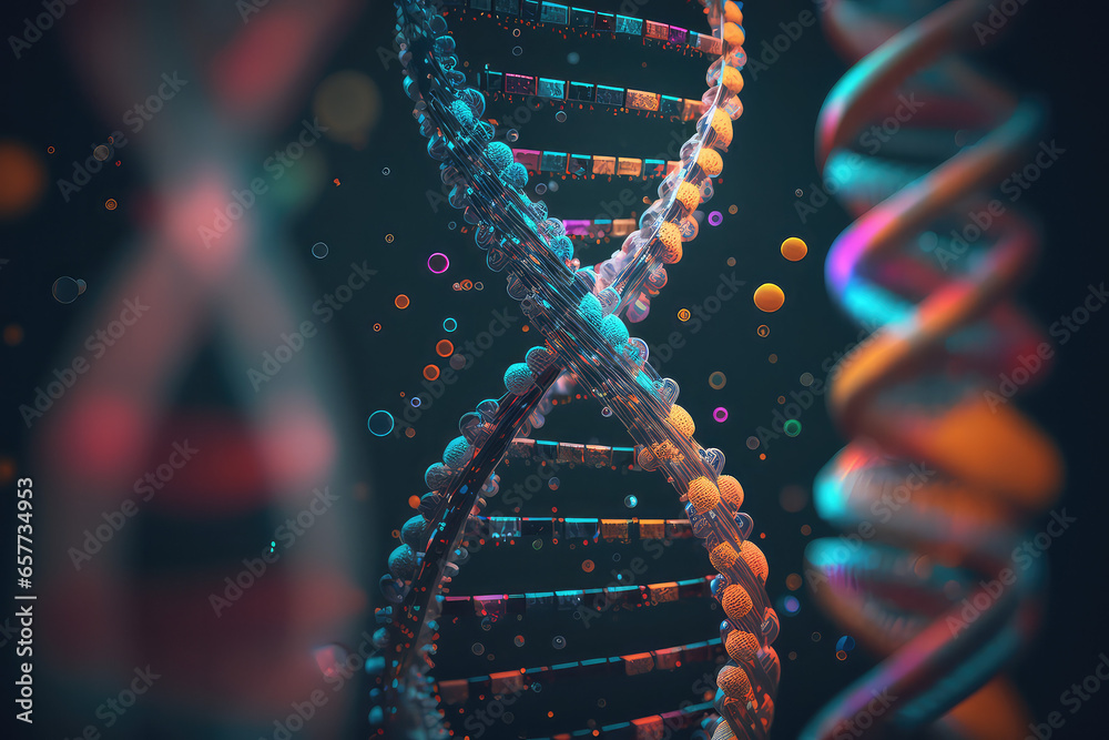 3d render abstract DNA strand made of spheres. Complex gene concept made of glossy simple primitives. Science and medical theme. - obrazy, fototapety, plakaty 