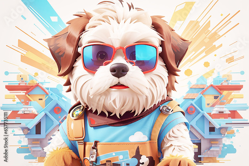 artwork of t-shirt graphic design, flat illustration of one retro aggressive, ciberpunk style, white fur shih-tzu with brown highlights, wearing a sunglasses, colorful shades, highly detailed clean, v © Rayhan