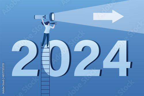 Economic prospects in 2024. Visionary illuminates future with flashlight. Businesswoman climbing stairs to look through binoculars at number 2024.