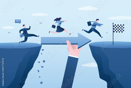 Big hand holds arrow and help business people cross problem gap. Support to solve problem, mentorship or coaching to help team success, leadership to guide employee to achieve goal.