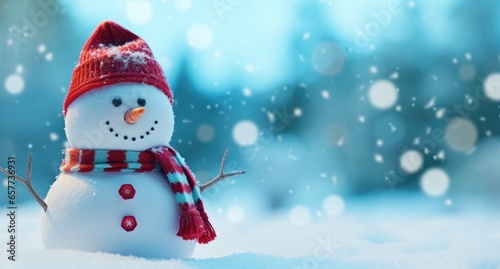 A snowman wearing a festive red hat and scarf