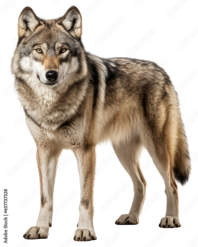 standing european grey wolf isolated on white background as transparent PNG