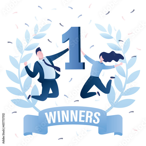 Happy business people or office workers in jump with number one. Successful team at first place. Gender equality. Winner's award ceremony banner. Laurel wreath and ribbon.