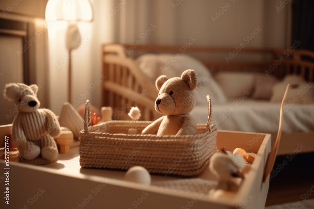 Toy bear on table with opened crib in cozy home bedroom, surrounded by baby toys against blurred interior. Generative AI - obrazy, fototapety, plakaty 