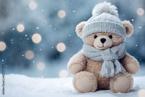 Christmas teddy bear wearing blue hat and scarf in Winter cold, snowing background © Rawf8