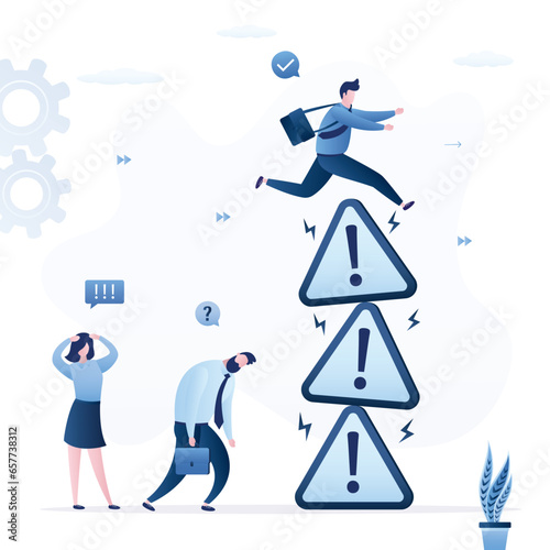 Confident businessman jumping over stack of warning signs. Win in business competition, overcoming restrictions, failure and ban. Winner and losers.