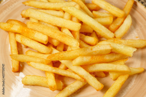 Potatoes chips, French Fries Background, Close Up. Selective focus