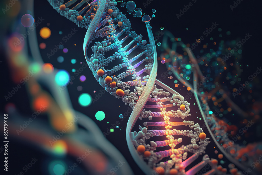 3d render abstract DNA strand made of spheres. Complex gene concept made of glossy simple primitives. Science and medical theme. - obrazy, fototapety, plakaty 