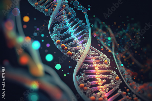 3d render abstract DNA strand made of spheres. Complex gene concept made of glossy simple primitives. Science and medical theme.