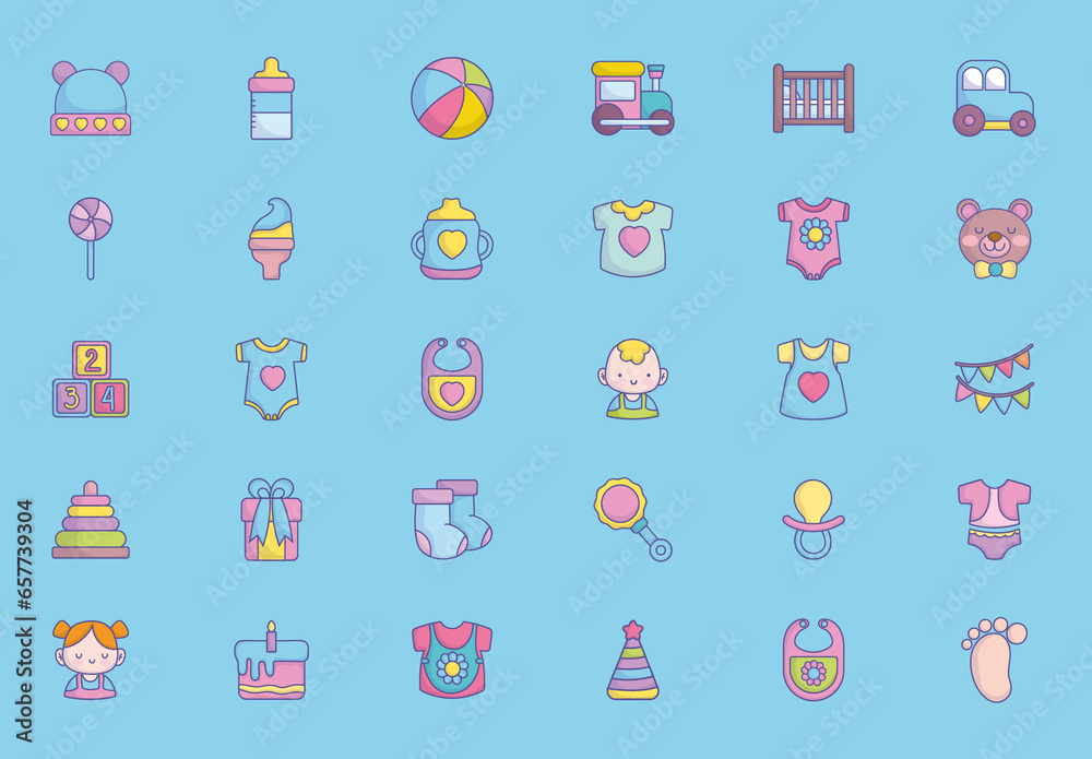 Blue and Pastel Pink Baby Icons Set Cute Minimal Flat Vector Stock ...