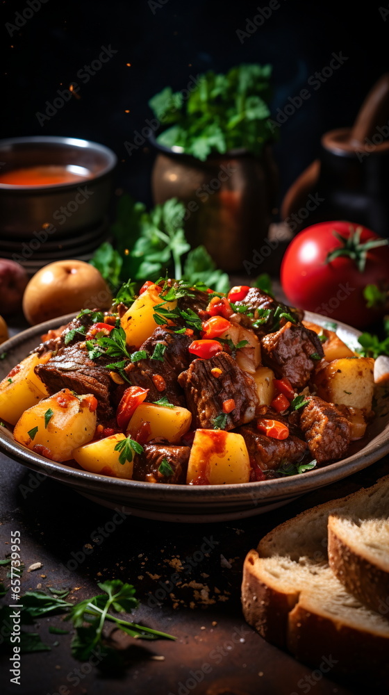 Beef meat stewed with potatoes, carrots and spices in ceramic pot Beef meat stewed with potatoes, carrots and spices in ceramic pot