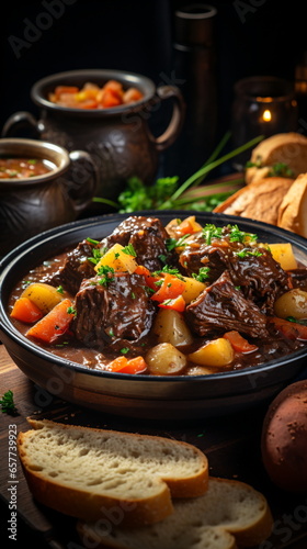 Beef meat stewed with potatoes, carrots and spices in ceramic pot