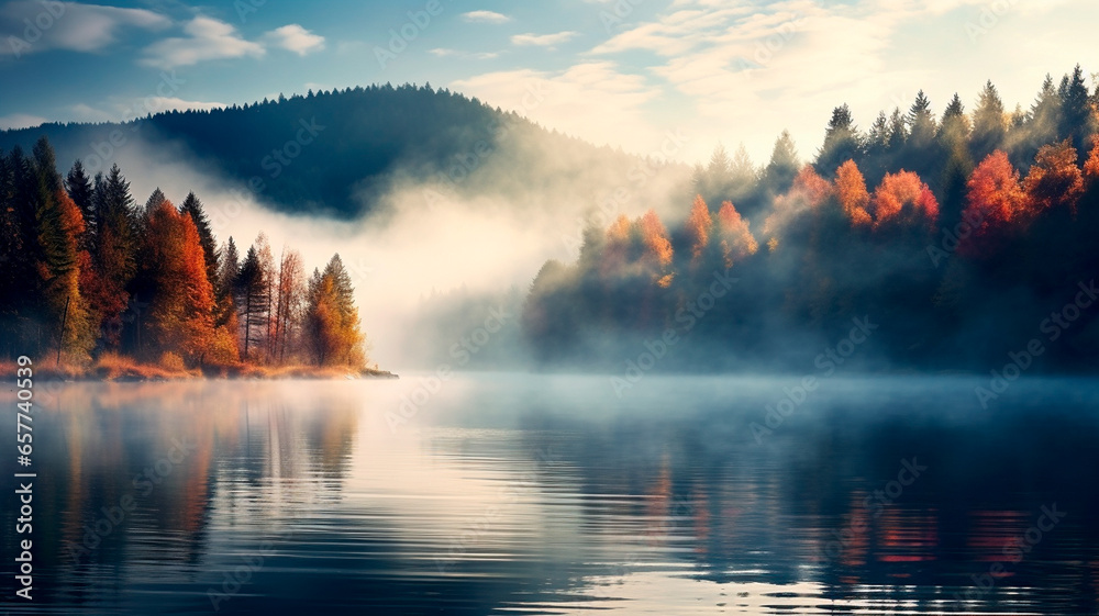 beautiful autumn landscape with colorful trees and lakes