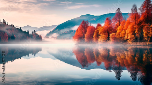 beautiful autumn landscape with colorful trees and lakes