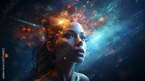 "Explore the depths of galactic consciousness in this visually captivating image. Witness the intricate web of interconnected minds, where cosmic thoughts flow through a neural network of the future.  © AI Visual Vault