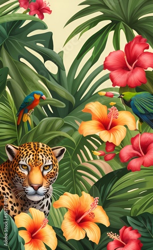 Seamless Border Oleander and Hibiscus Flowers in Palms with Exotic Birds and Leopard, Parrots and Wild Animals in Tropics, Toile Panorama View Wallpaper, Generative AI 