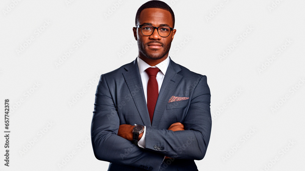 Obraz premium young African American man in a business suit with a serious expression on his face.