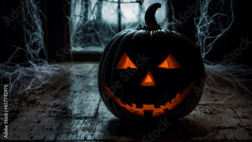 Glowing pumpkin in a dark, gloomy, dirty and abandoned room. Halloween. Generative AI