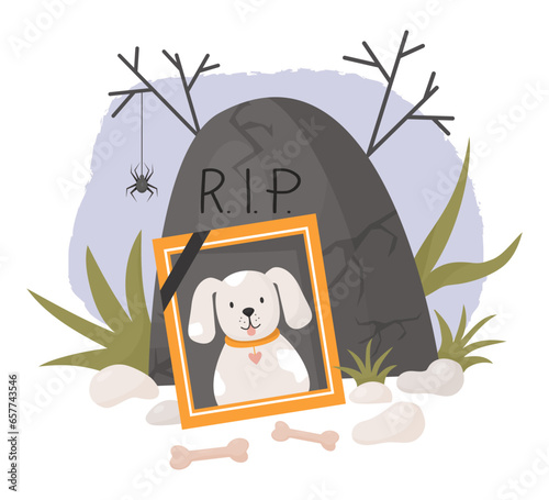 Photograph of dead dog. Cemetery and grave with spider, stones with grass and bones. Vector illustration in cartoon flat style. Mourning frame with lovely pet of dog ghost .