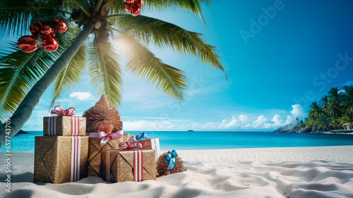 christmas tree and gift boxes on the beach