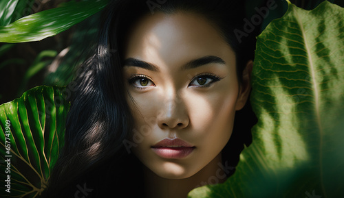 Beautyful Portrait Woman Face With Healthy Skin in Green Plant