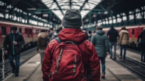 Man dressed in red, with his back turned in a train station.