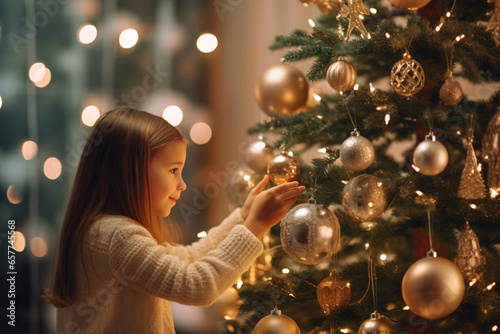 Cute girl hanging bauble on Christmas tree, decorating pine tree preparing for party, Christmas background. © Sunday Cat Studio