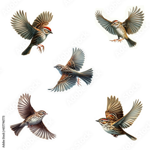 A set of flying Chipping Sparrows isolated on a white background