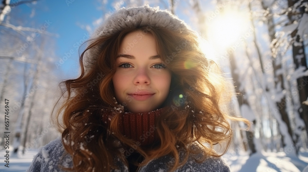 A beautiful girl among a snow-covered forest on a bright sunny day. A beautiful girl among a snow-covered forest on a bright sunny day.