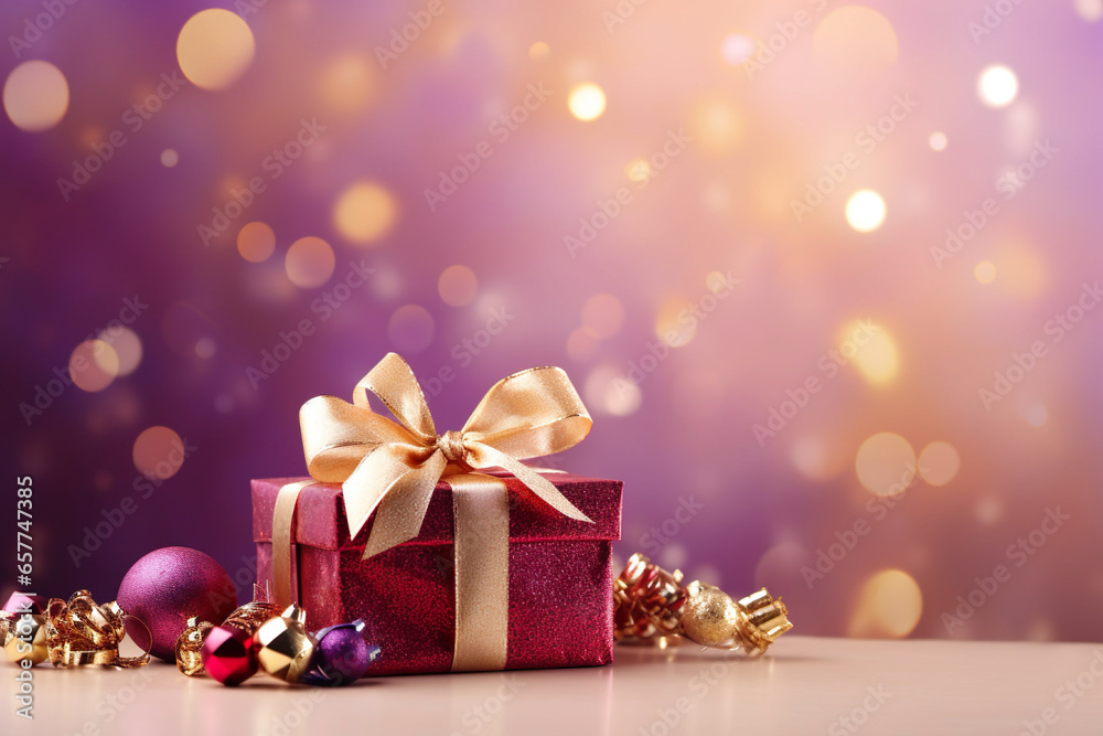 colorful wrapped christmas gifts in pink, purple and gold with christmas decorations in front of a pink bokeh background with space for text, christmas background