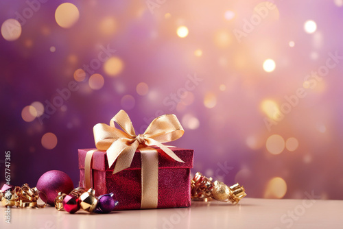 colorful wrapped christmas gifts in pink  purple and gold with christmas decorations in front of a pink bokeh background with space for text  christmas background