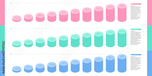 0%から100%までの割合を図で表現した円柱グラフのセット - かわいいインフォグラフィック
