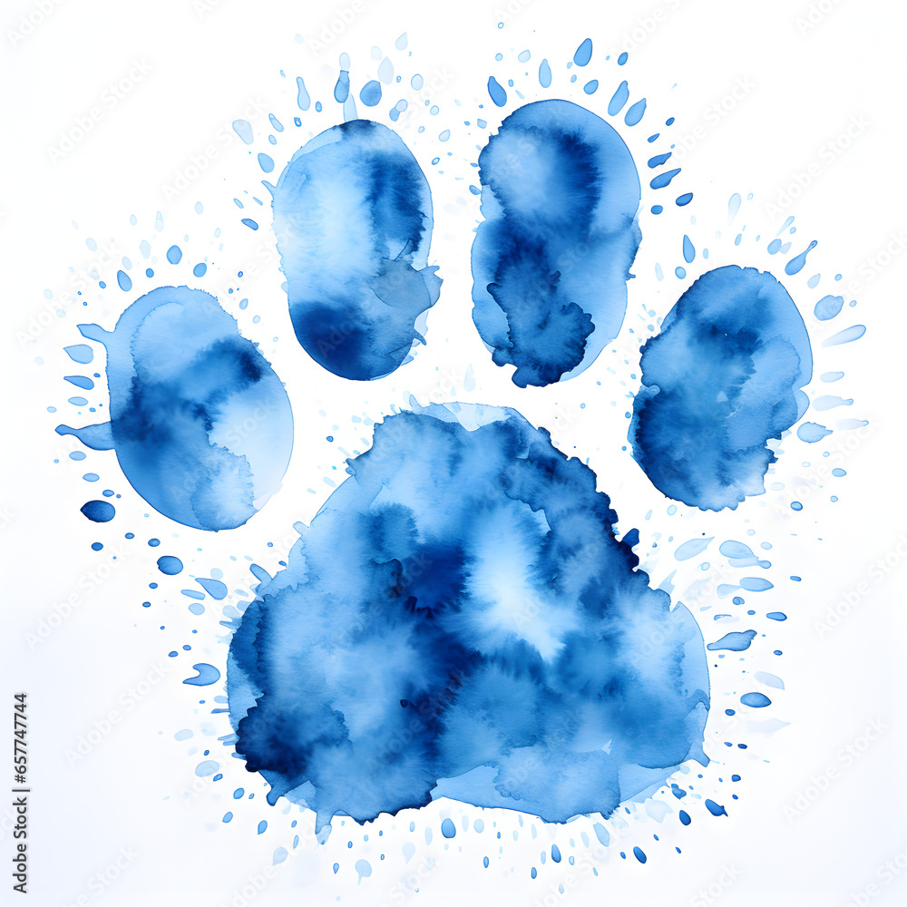 A blue watercolor paw print painting. Generative ai.  - obrazy, fototapety, plakaty 