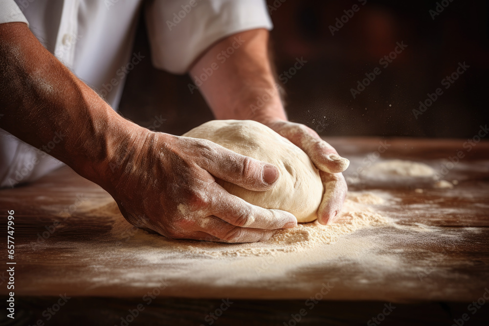 Closeup hands kneading bread dough on table