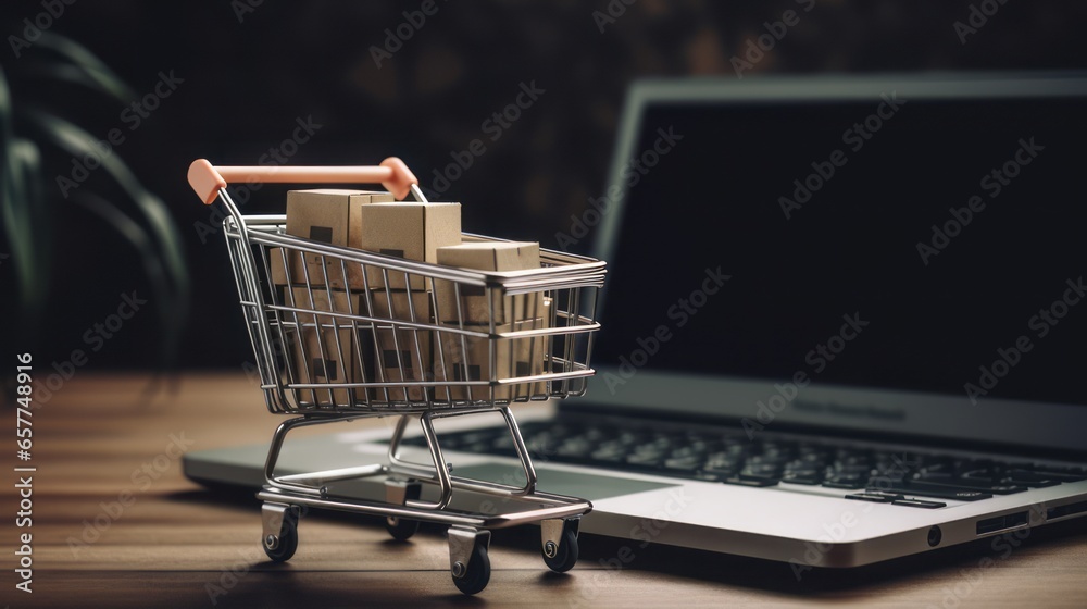 A shopping cart, next to an open laptop