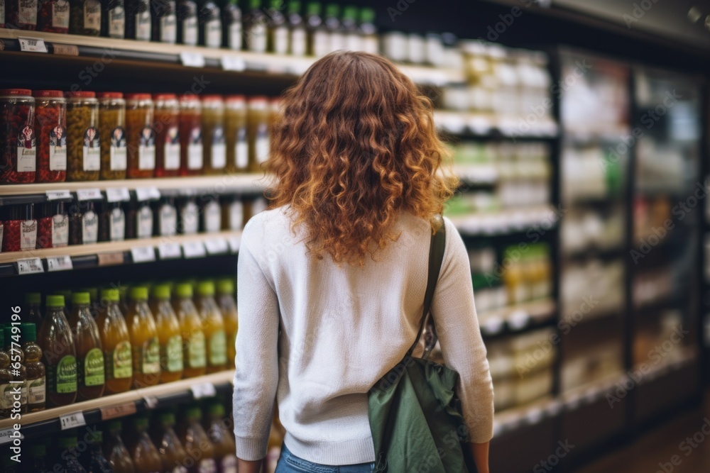 Engrossed shopper meticulously reads labels on a store shelf, making informed choices. Generative AI.