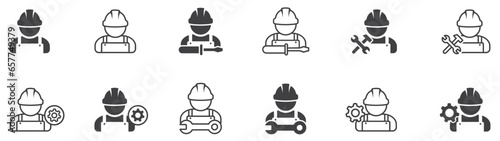 Set of mechanic icon. Male worker person, avatar with hat and work overalls. Mechanic or worker with tool and gears. Vector.