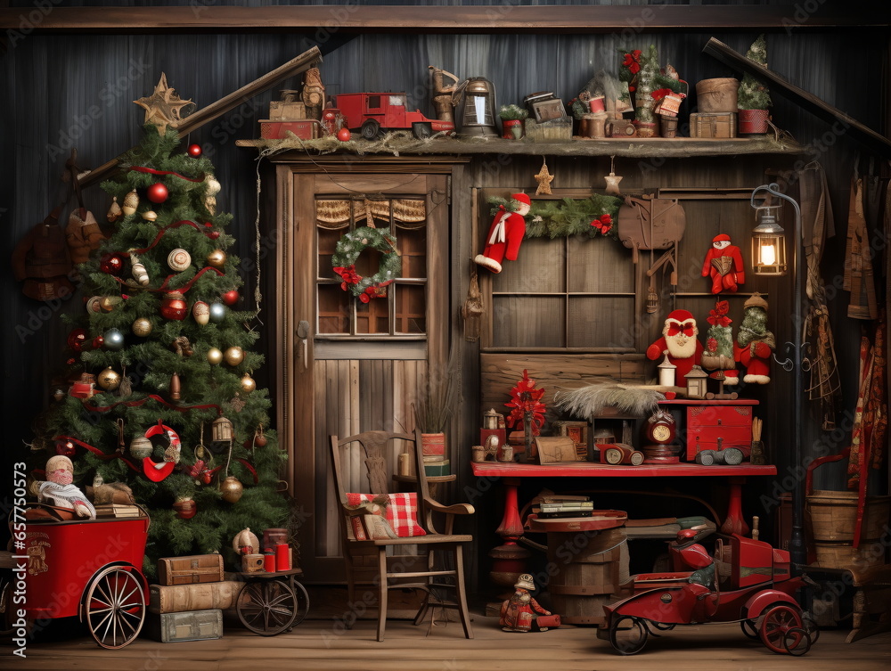 Fototapeta premium interior christmas. magic glowing tree, fireplace and gifts