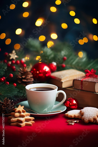 a mug with hot coffee and christmas cookies next to it, books and christmas decorations, in background a bokeh from a christmas tree, cozy athmosphere, christmas background