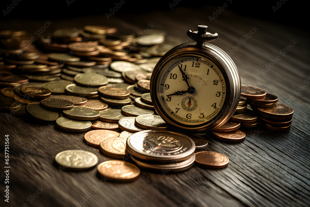 Clocks and golden coin, Time value wealth concept Clocks and golden coin, Time value wealth concept